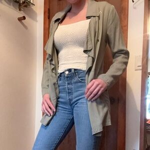 Sage green, asymmetric waterfall lightweight collared jacket